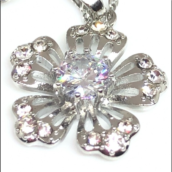 Silver Flower Earrings/Necklace CZ Set - Picture 3 of 11